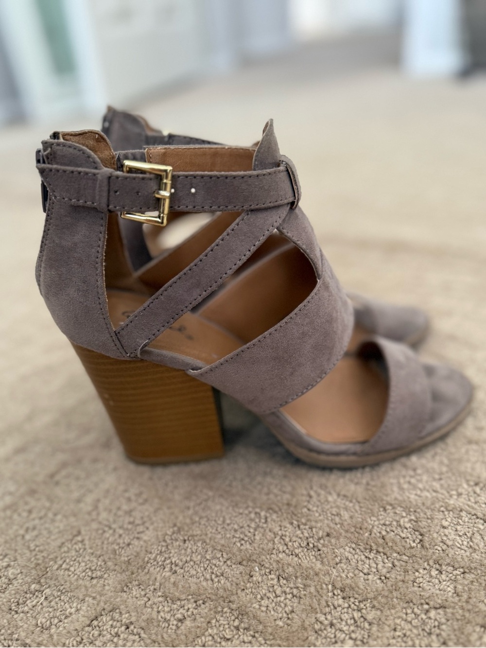 Qupid Taupe Suede Strappy Block Heels